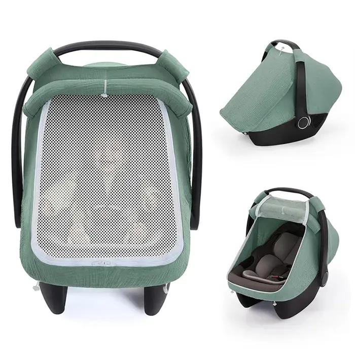 Housse de siège auto pour bébé en coton mousseline respirant avec grande fenêtre en maille, auvent d