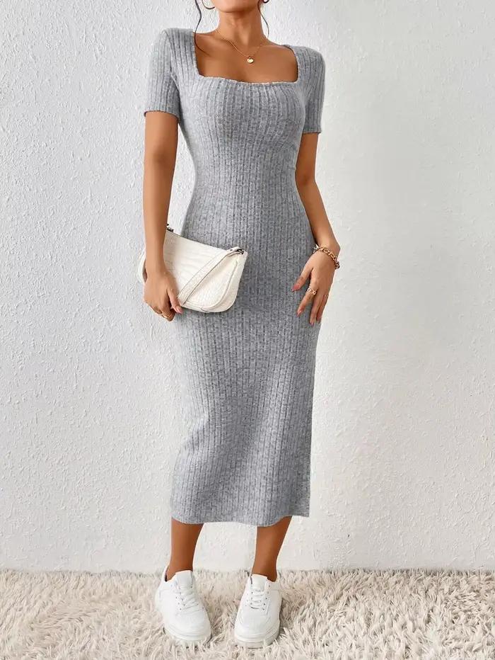 Robe tricotée pour femme, style printemps-été, décontractée, à manches courtes, col carré, fente lat