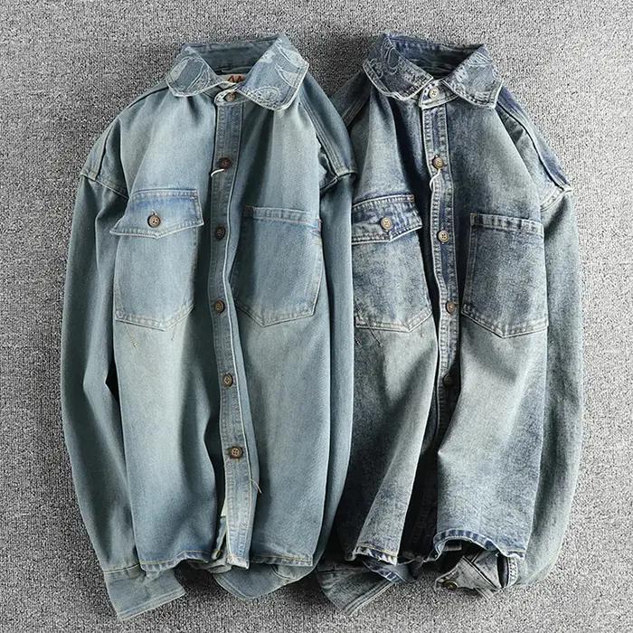 Manteau en denim rétro américain à manches longues pour hommes, revers, pur coton, lavé, vieux, mult