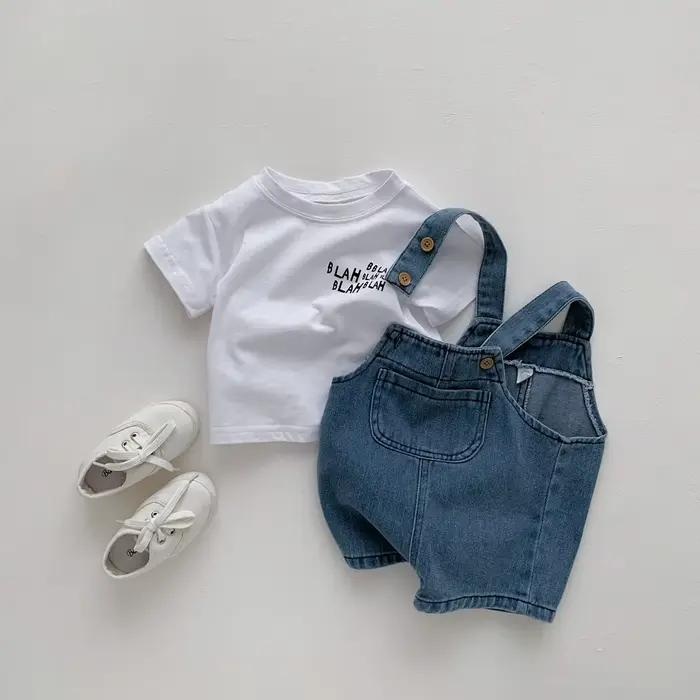 T-shirt en denim pour bébé fille et garçon, combinaison pour nouveau-né, ensemble 2 pièces