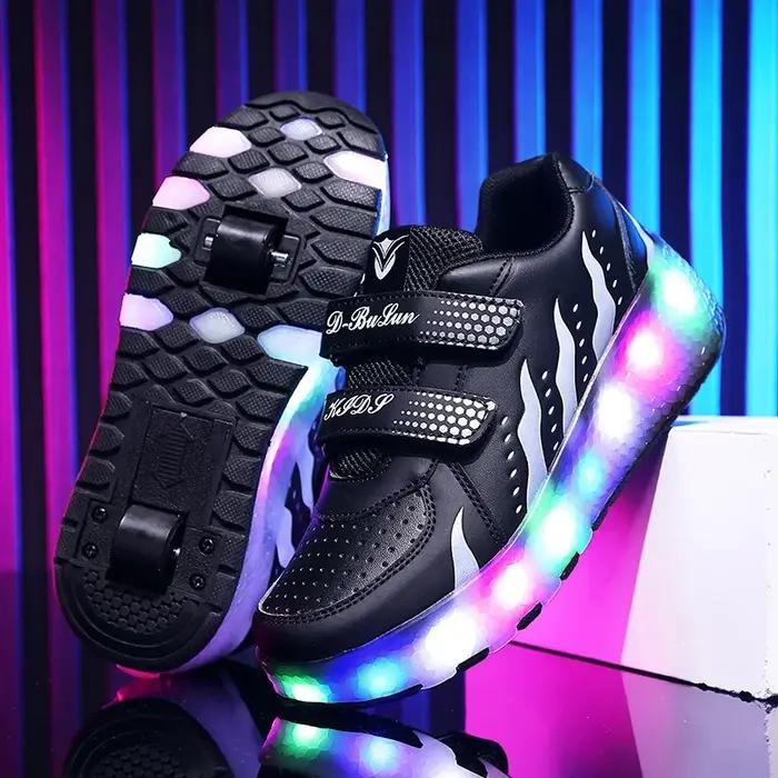 Baskets lumineuses à deux roues pour enfants, chaussures à roulettes avec lumière LED rose, chaussur
