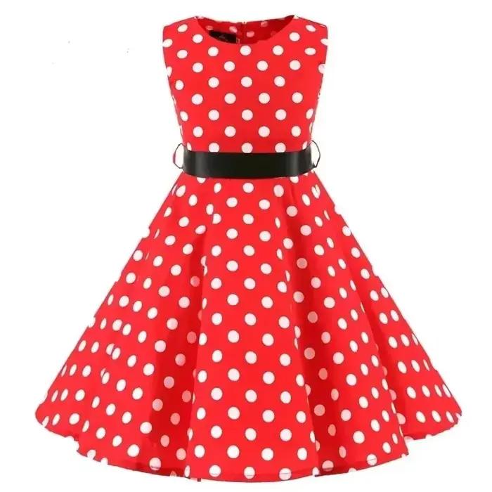 Robe en coton à pois vintage pour filles - Robe trapèze jupe plissée longueur genou style rétro