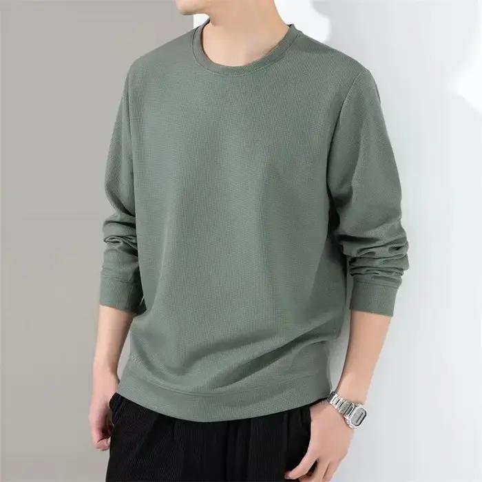 Printemps automne gaufre t-shirts pour hommes à manches longues t-shirts hauts mode solide t-shirts