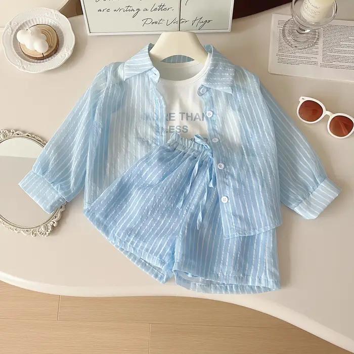 Ensemble protection solaire fille 2-10 ans - Chemise short gilet 3 pièces été UV
