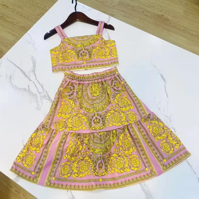 Ensemble de vêtements haut de gamme pour filles, rose, fleur jaune, coton, petite sangle, grande jup