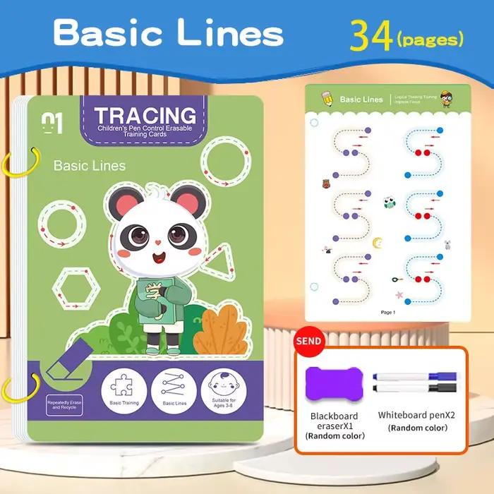Cahier d'exercices de traçage magique réutilisable de 34 pages, formation éducative au dessin et au