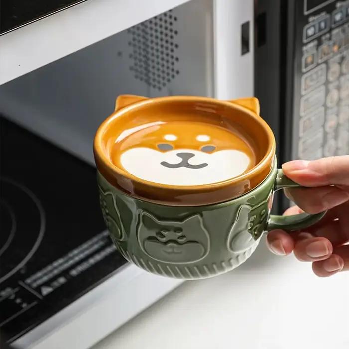 Tasse à café YWDL motif chat de dessin animé japonais avec couvercle à motif animal, petite assiette