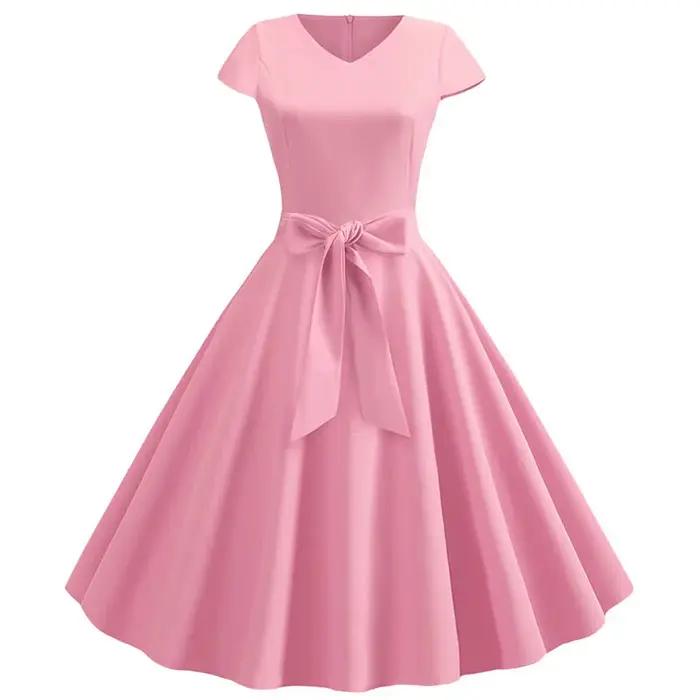 Robe d'été Vintage pour femmes, avec ceinture, manches courtes, col en V, élégante, rétro, robes de