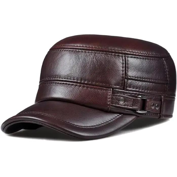Casquette d'hiver en cuir véritable pour hommes, casquette plate, militaire, élégante, casquette de
