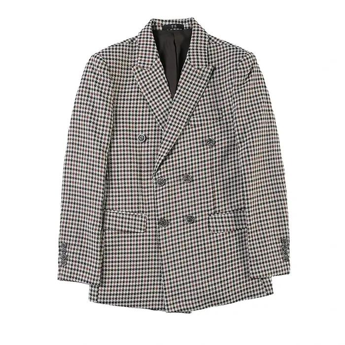 Blazer pied-de-poule de Style britannique pour hommes, coupe cintrée, à la mode, Double boutonnage,
