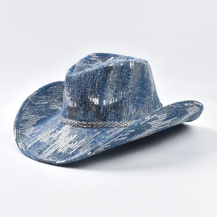 Chapeau de cowboy occidental en denim lavé, chapeau de jazz de cow-girl adapté aux vêtements décontr