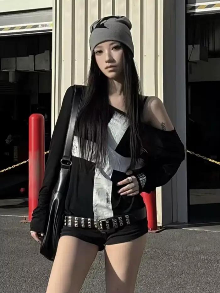 Seeslim imprimé croix graphique t-shirts femme à manches longues Blck Goth automne printemps hauts t