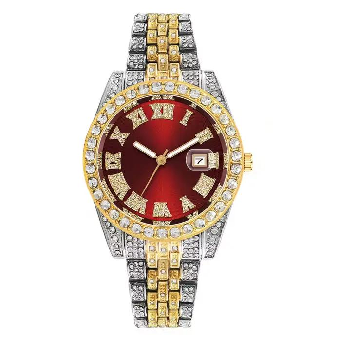 Montre de luxe Hip Hop en acier inoxydable pour hommes, couleur or, calendrier, strass pavés glacés