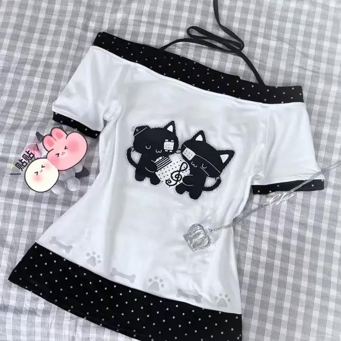 T-shirt pour femme, imprimé à pois, style japonais, kawaii, dessin animé, ample, décontracté, contra
