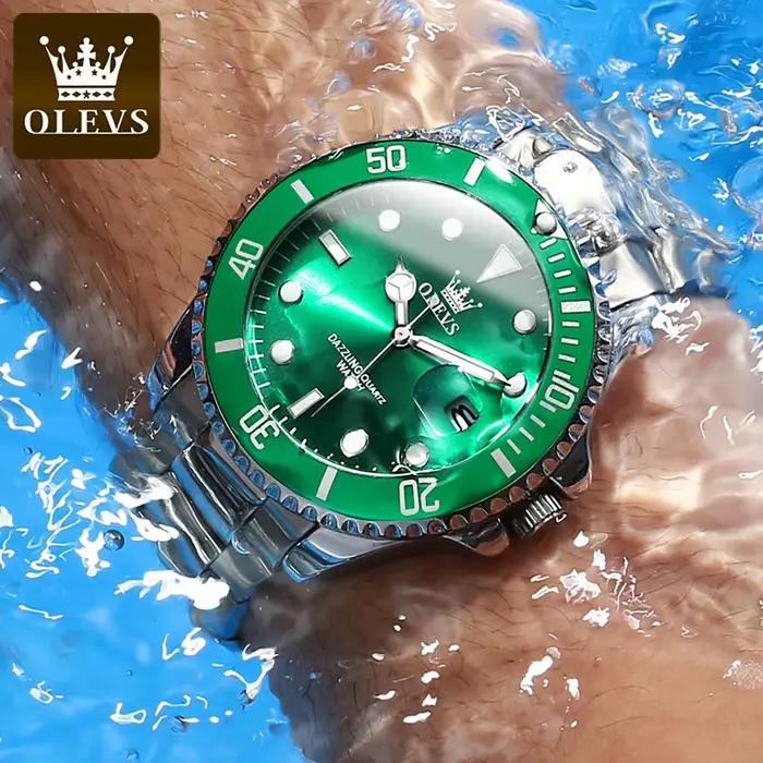 OLEVS 5885 montres pour hommes affaires bracelet en acier inoxydable montre à Quartz vert calendrier