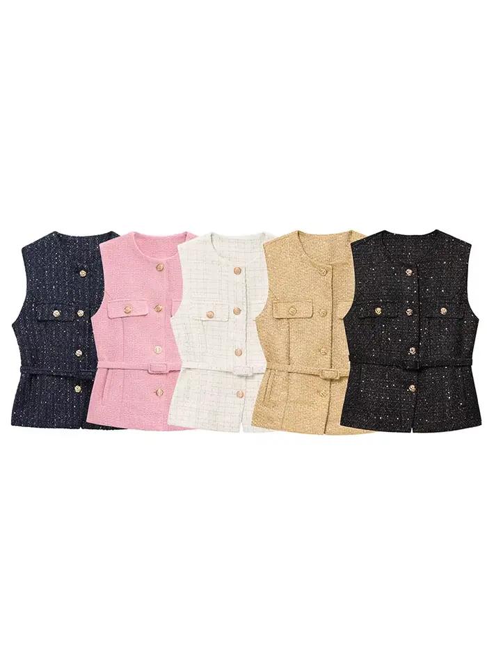 HH femmes élégant solide ceinture gilets hauts col rond bouton en métal sans manches gilet bureau vê