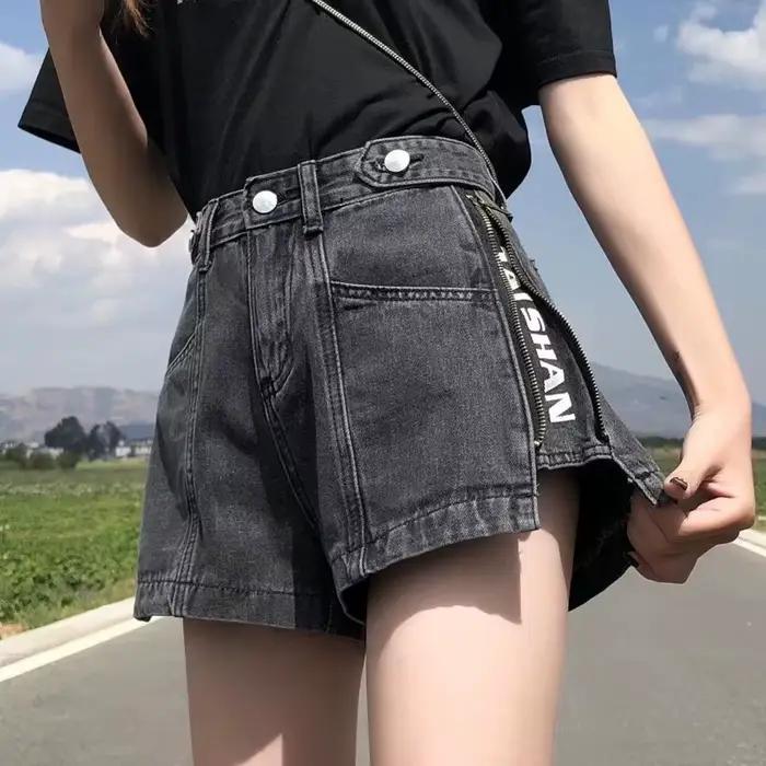 Shorts en jean noir Y2K coréen pour femme, taille haute, coupe trapèze, jambe large, amincissant, po