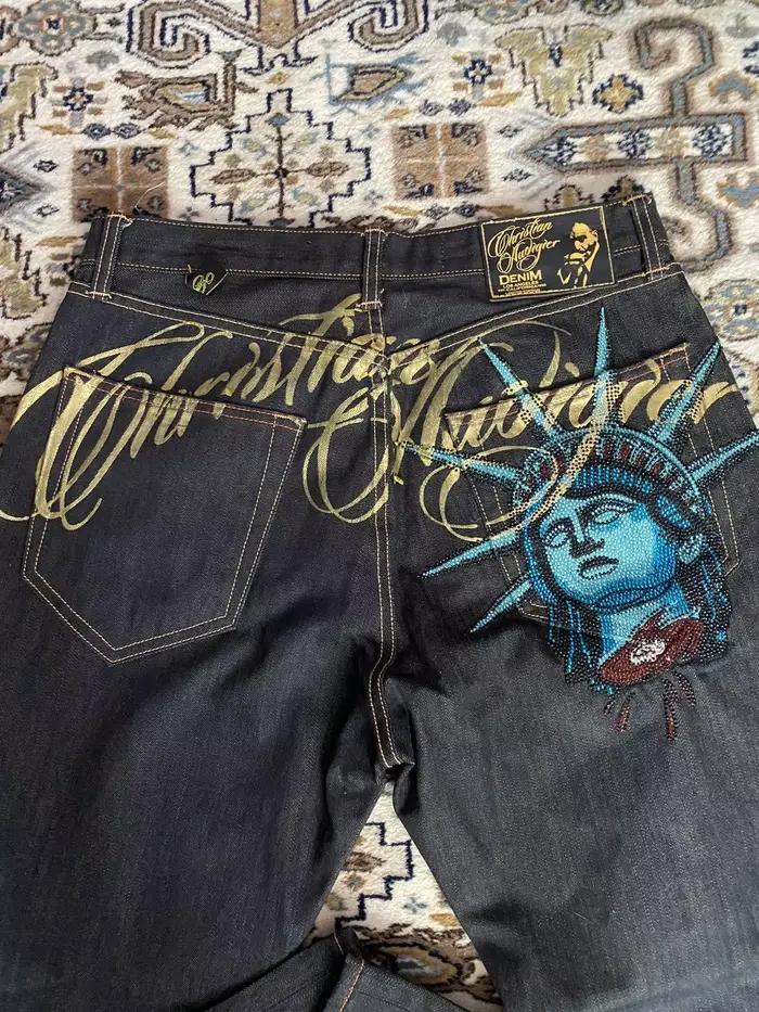 Jean décontracté vintage années 2000 avec motif Statue de la Liberté et diamants, taille haute, coup