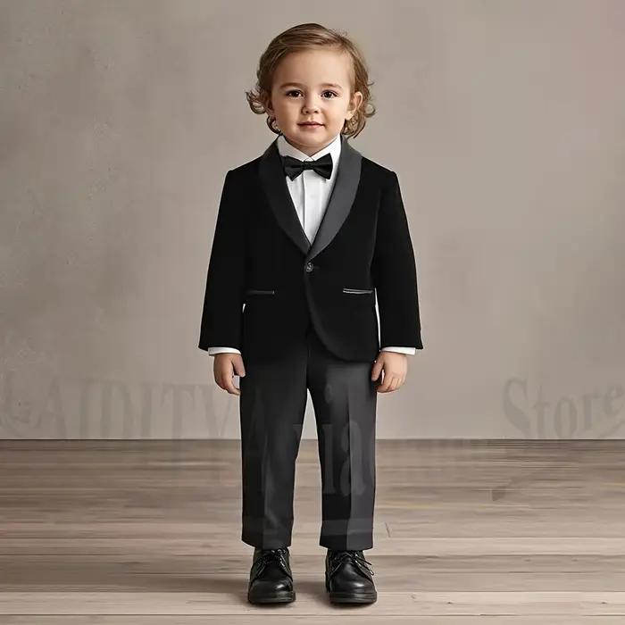 Costume en velours pour garçons, ensemble 2 pièces chic à col châle et un bouton, tenue de cérémonie