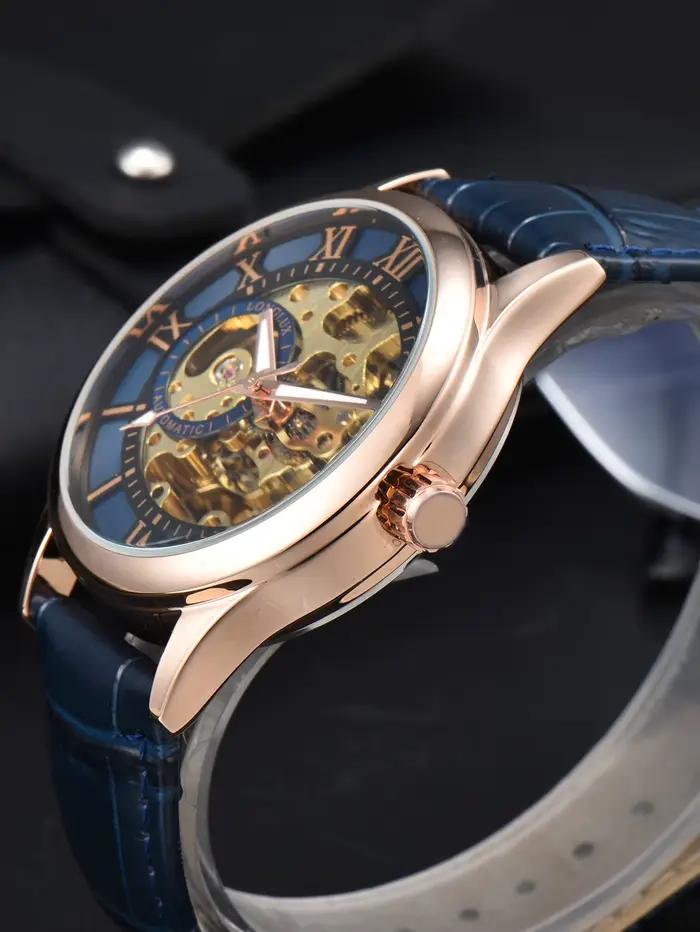 Montre automatique de luxe pour hommes, montres mécaniques rome, squelette étanche, cuir noctilucent