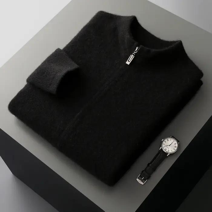 Cardigan en cachemire pur pour hommes, col mi-haut, fermeture éclair, pull décontracté, tempérament,