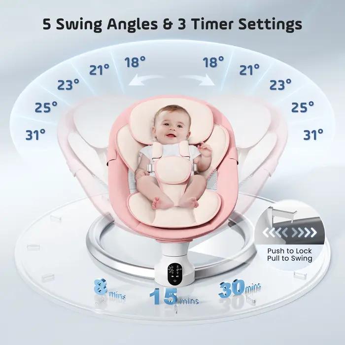 Balançoire électrique bébé avec 3 minuteries, application et télécommande - 5 vitesses, 10 musiques Bluetooth rose