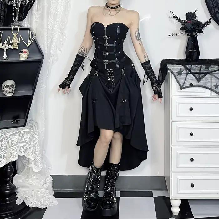 Goth Streetwear jupe gothique femmes Harajuku Emo Alternative Grunge taille haute pansement a-ligne