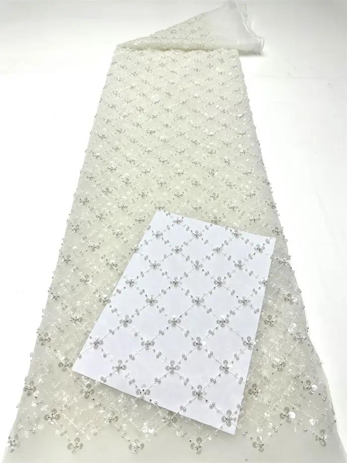 Tissu en dentelle de tulle africain doré 2026, tissu en filet français à sequins, broderie avec perl