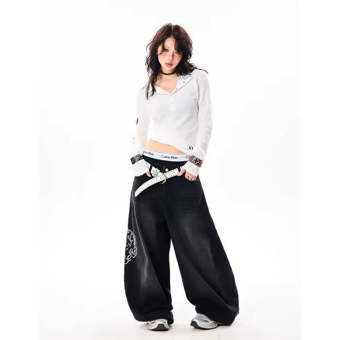 YIBASHU femmes Vintage broderie Y2K Baggy jean femme taille haute 2000s jambe large Denim pantalon a