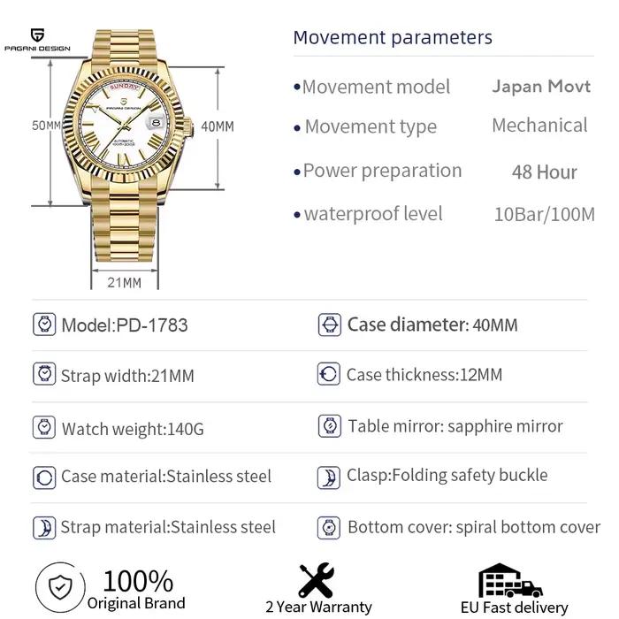 Montres pour hommes PAGANI DESIGN DD40 Or Blanc Luxe Automatique TMI NH36A Date Jour Mécanique Nouveauté 2026