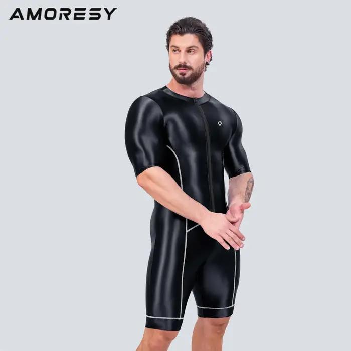 AMORESY hommes lisse Satin course Catsuit demi manches body Yoga sport cyclisme salopette survêtemen