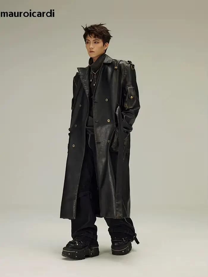 Mauroicardi-Manteau Long en Cuir Pu Noir pour Homme, Ceinture Double Boutonnage, Luxe, Mode Européen