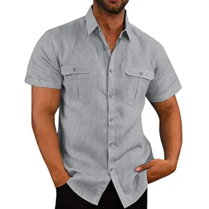 Chemise en coton et lin pour hommes, avec poches, décontractée, plage, manches courtes, couleur unie