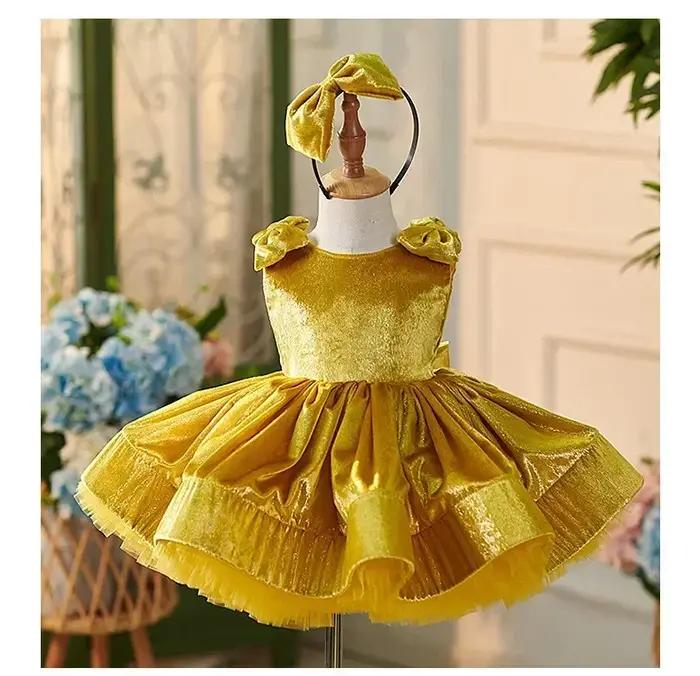 Robe Courte Dorée pour Filles 2026 Nouvelle Collection Luxe Princesse Tenue Enfant Robes Formelles C