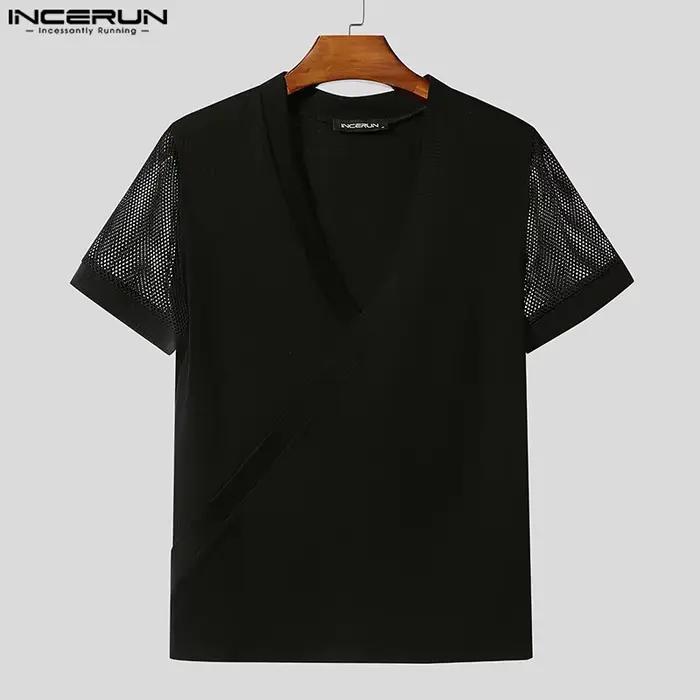INCERUN hommes t-shirt maille Patchwork col en V à manches courtes hommes t-shirt hauts été Streetwe