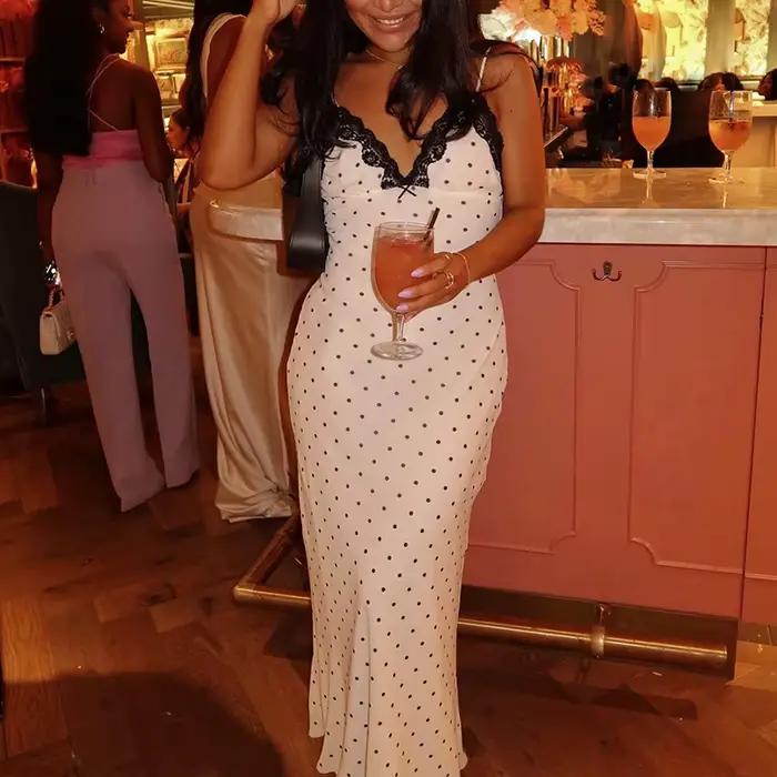 Tornova Sexy col en v à pois robe à bretelles pour les femmes mince français rétro dentelle épissure
