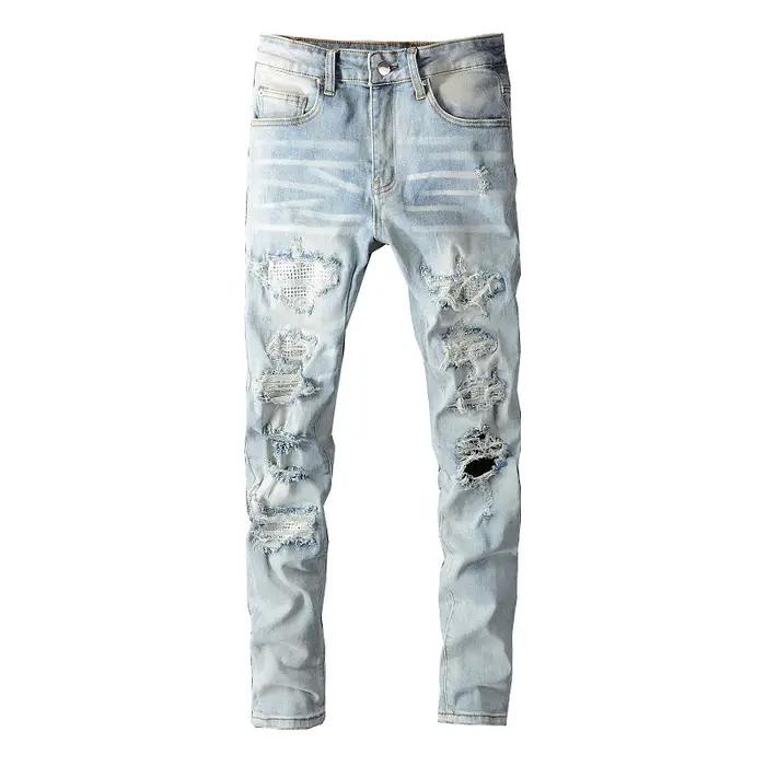 Jean déchiré en Patchwork pour hommes, trous de cristal, Streetwear, Denim bleu clair, Slim, pantalo