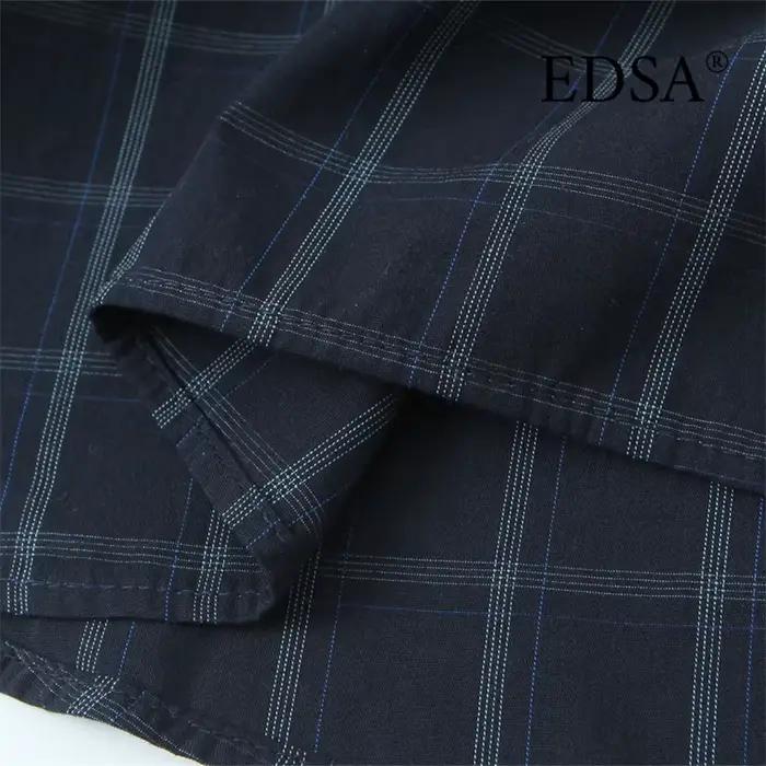 EDSA chemise à carreaux bleu marine pour femmes avec poche carrée pour bureau dame simple boutonnage