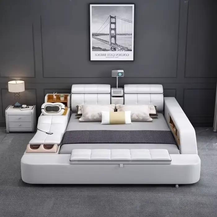 Lit double moderne européen avec tête de lit en bois et revêtement, tables de chevet Queen, mobilier de maison multifonctionnel pour chambre à coucher élégante
