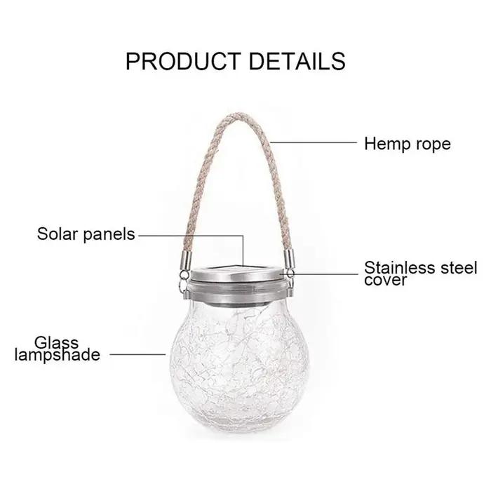 Lampe solaire en pot de verre fissuré, étanche IP65, 30led, blanc chaud et coloré, guirlande lumineu