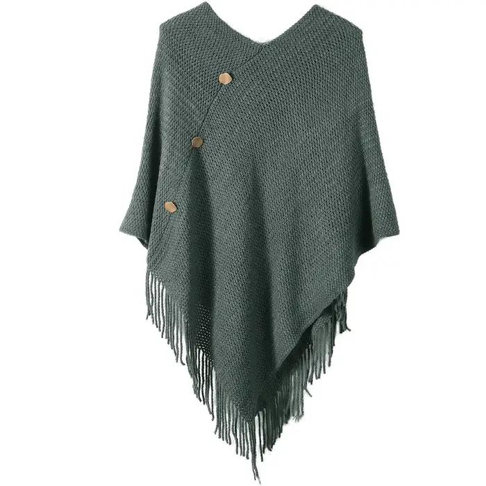 Châle à pampilles pour femmes avec faux boutons, couleur unie, adapté aux vêtements de déplacement à