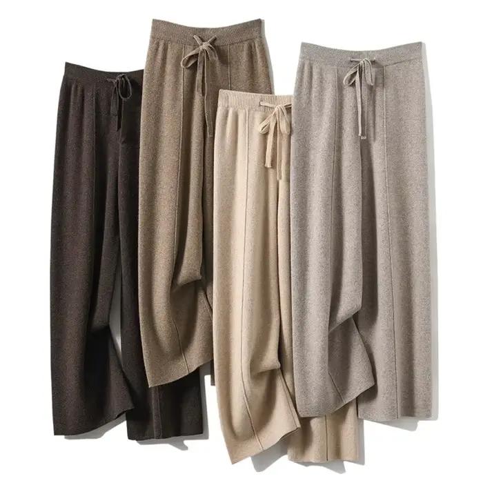 Pantalon taille haute en tricot chaud pour femmes, jambes droites à jambes larges, pantalon ample de