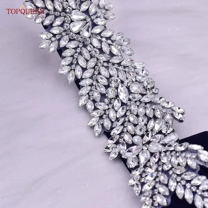 TOPQUEEN S420-B femmes noir mode élastique larges ceintures argent strass à la main perlé ceinture r