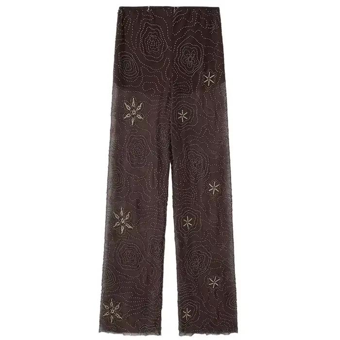 HXAO pantalons pour femmes printemps été 2025 perles marron pantalon paillettes translucides taille