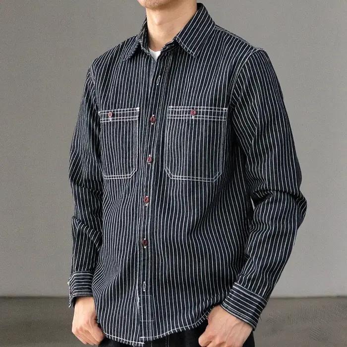 Chemise à rayures en Denim pour hommes, rétro américain, poids lourd, broderie Cargo, mode masculine