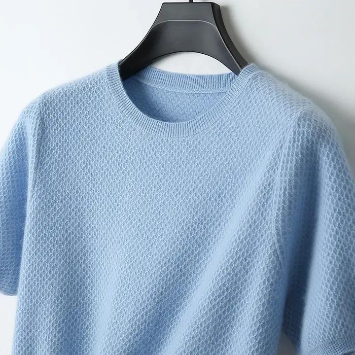 T-Shirt tricoté en laine mérinos pour hommes, col rond, aiguille en nid d'abeille, gilet à manches c