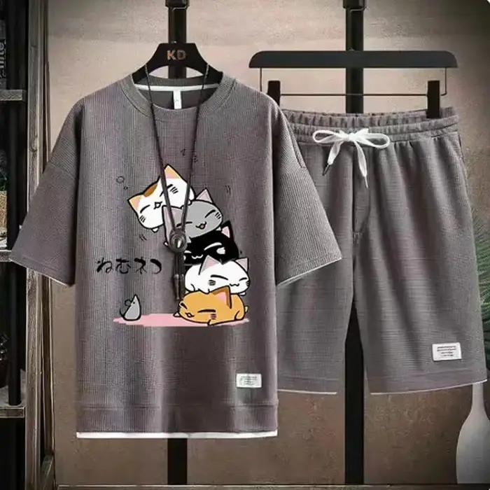 Ensemble gaufré d'été pour hommes, marque à la mode, t-shirt et short décontractés, ensemble de spor