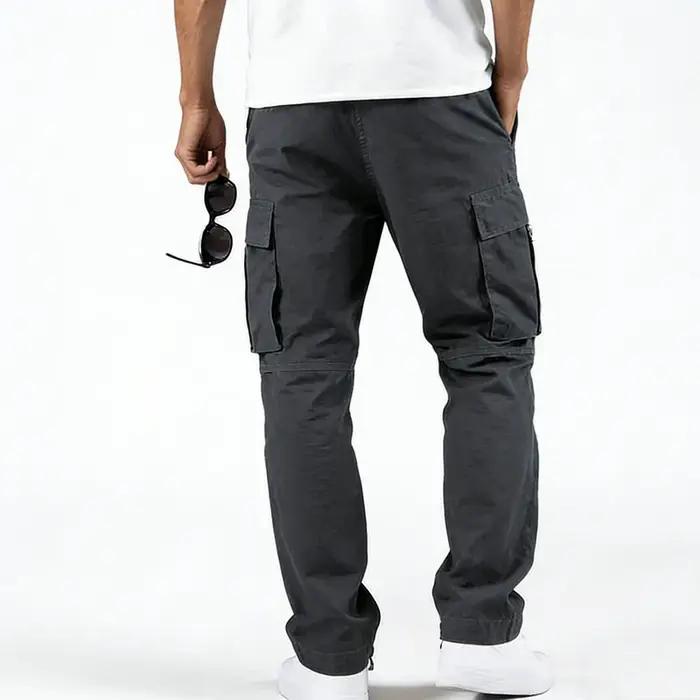 Pantalon cargo en polyester tissé pour homme, multi-poches, coupe droite, taille à cordon, vêtements