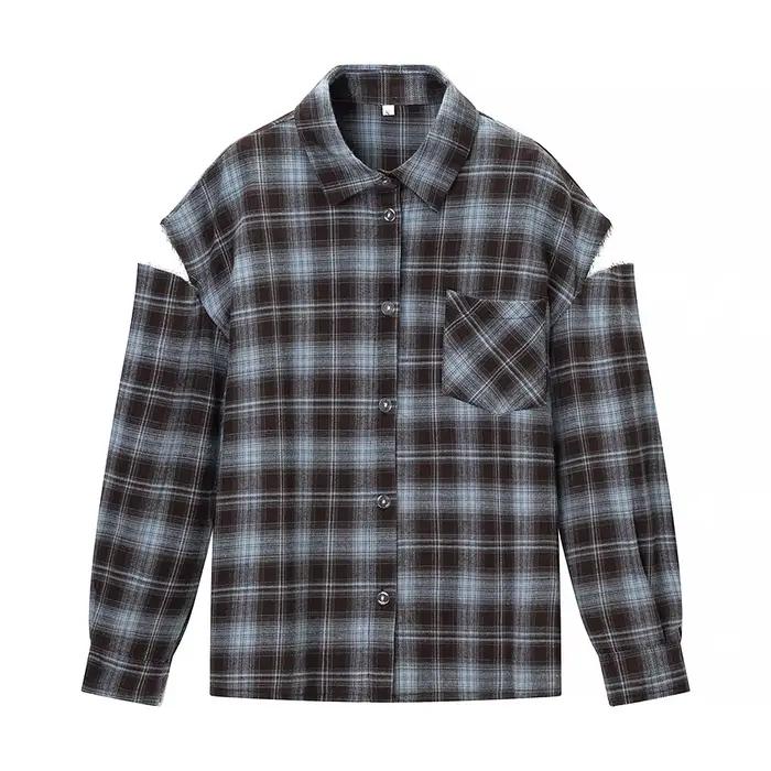 Chemise à motif à carreaux tendance pour femmes, élégante, col à revers, manches longues, simple bou