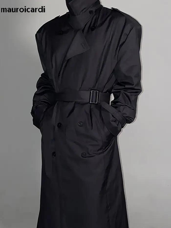 Mauroicardi-Manteau long noir pour homme, ceinture double boutonnage, décontracté, coupe-vent, print